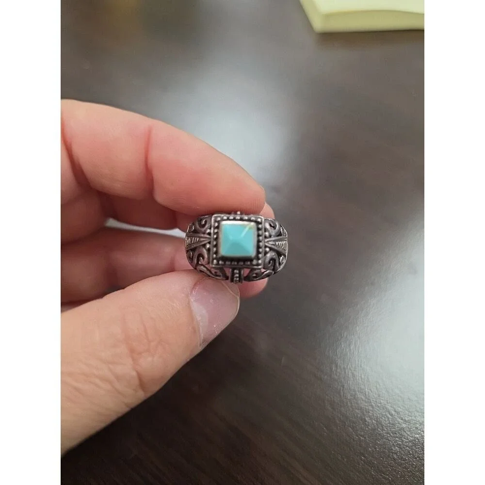 Vintage Native American Sterling Silver Inlaid Turquoise Coral Ring Size‎ 7